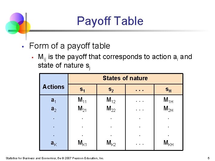 Payoff Table § Form of a payoff table § Mij is the payoff that Payoff Table § Form of a payoff table § Mij is the payoff that