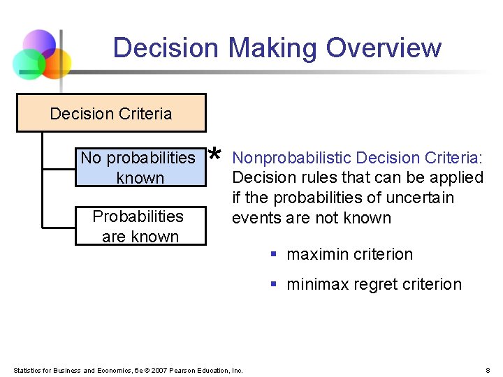 Decision Making Overview Decision Criteria No probabilities known Probabilities are known * Nonprobabilistic Decision Decision Making Overview Decision Criteria No probabilities known Probabilities are known * Nonprobabilistic Decision