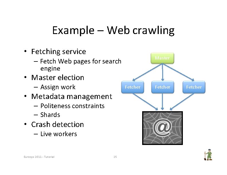 Example – Web crawling • Fetching service Master – Fetch Web pages for search