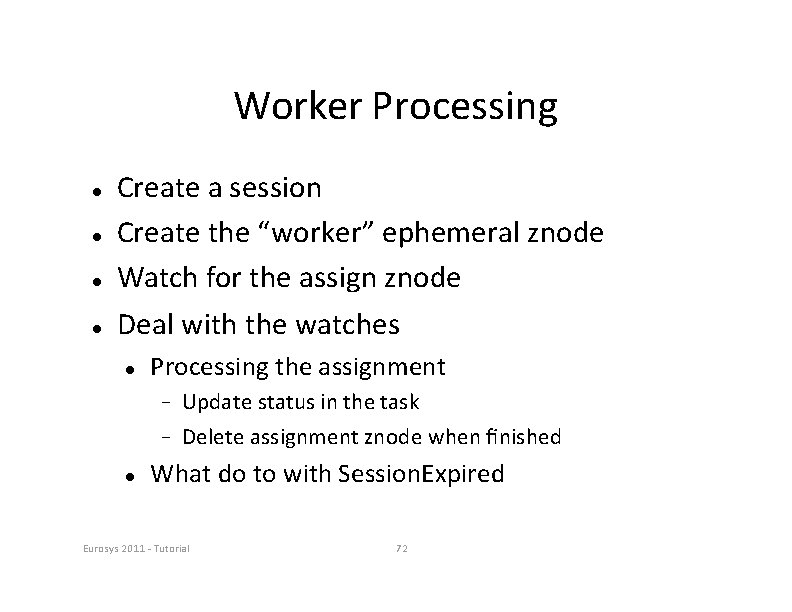 Worker Processing Create a session Create the “worker” ephemeral znode Watch for the assign