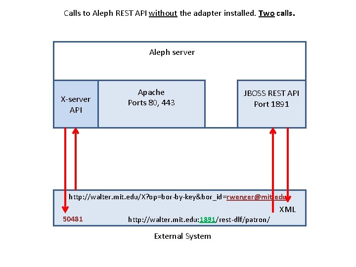 Calls to Aleph REST API without the adapter installed. Two calls. Aleph server X-server