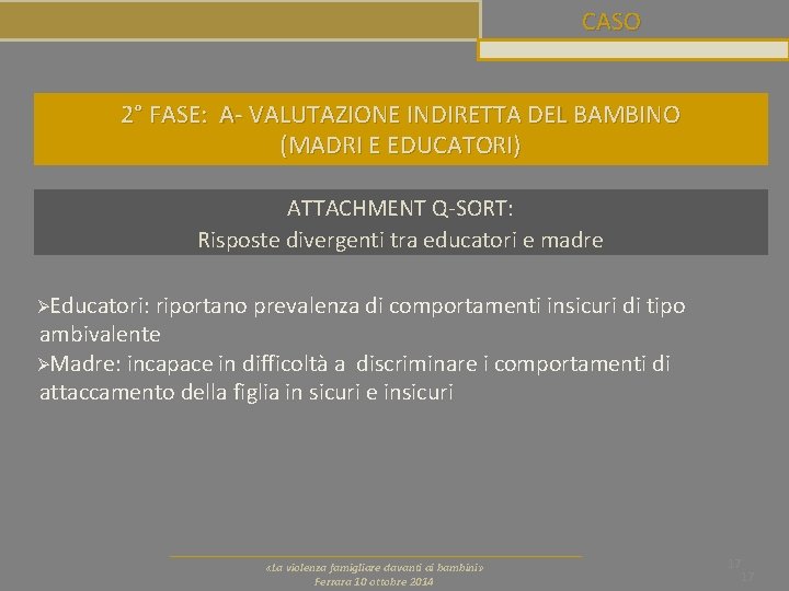 CASO 2° FASE: A- VALUTAZIONE INDIRETTA DEL BAMBINO (MADRI E EDUCATORI) ATTACHMENT Q-SORT: Risposte CASO 2° FASE: A- VALUTAZIONE INDIRETTA DEL BAMBINO (MADRI E EDUCATORI) ATTACHMENT Q-SORT: Risposte