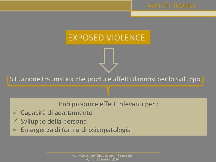 ASPETTI TEORICI EXPOSED VIOLENCE Situazione traumatica che produce affetti dannosi per lo sviluppo Può