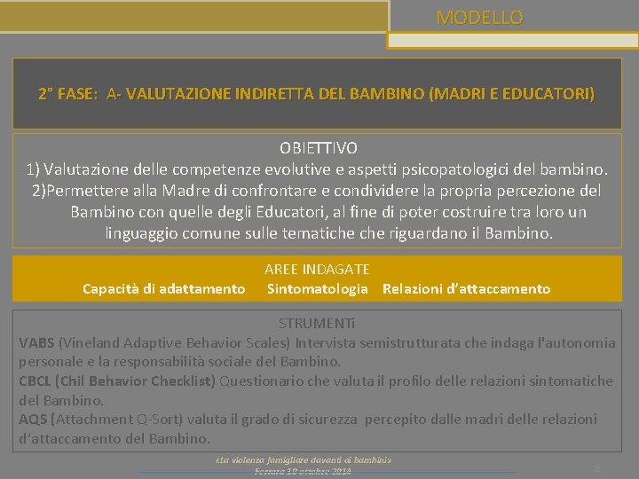 MODELLO 2° FASE: A- VALUTAZIONE INDIRETTA DEL BAMBINO (MADRI E EDUCATORI) OBIETTIVO 1) Valutazione MODELLO 2° FASE: A- VALUTAZIONE INDIRETTA DEL BAMBINO (MADRI E EDUCATORI) OBIETTIVO 1) Valutazione