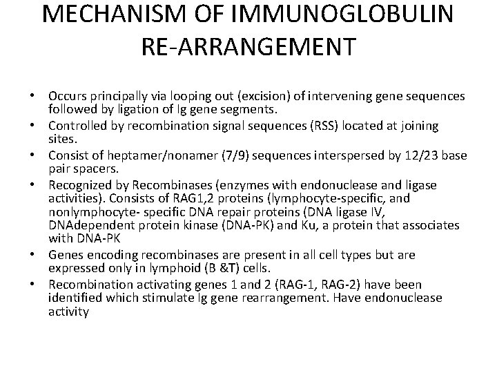 MECHANISM OF IMMUNOGLOBULIN RE-ARRANGEMENT • Occurs principally via looping out (excision) of intervening gene