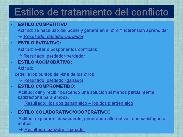 Estilos de tratamiento del conflicto • ESTILO COMPETITIVO: Actitud: se hace uso del poder Estilos de tratamiento del conflicto • ESTILO COMPETITIVO: Actitud: se hace uso del poder