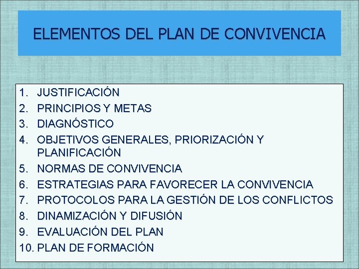 ELEMENTOS DEL PLAN DE CONVIVENCIA 1. 2. 3. 4. JUSTIFICACIÓN PRINCIPIOS Y METAS DIAGNÓSTICO ELEMENTOS DEL PLAN DE CONVIVENCIA 1. 2. 3. 4. JUSTIFICACIÓN PRINCIPIOS Y METAS DIAGNÓSTICO