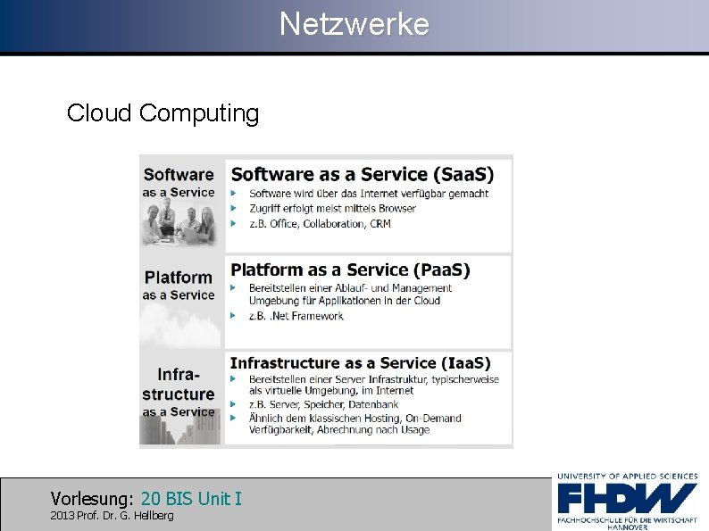 Netzwerke Cloud Computing Vorlesung: 20 BIS Unit I 2013 Prof. Dr. G. Hellberg 
