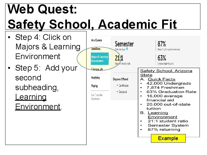 Web Quest: Safety School, Academic Fit • Step 4: Click on Majors & Learning Web Quest: Safety School, Academic Fit • Step 4: Click on Majors & Learning