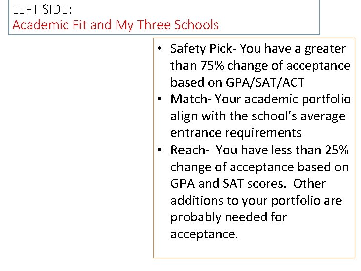 LEFT SIDE: Academic Fit and My Three Schools • Safety Pick- You have a