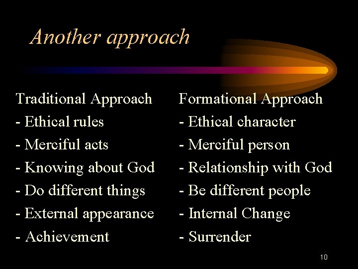 Another approach Traditional Approach - Ethical rules - Merciful acts - Knowing about God