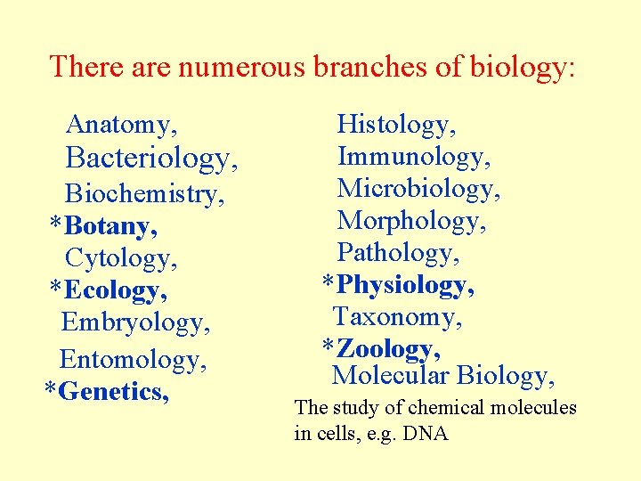 There are numerous branches of biology: Anatomy, Bacteriology, Biochemistry, *Botany, Cytology, *Ecology, Embryology, Entomology,