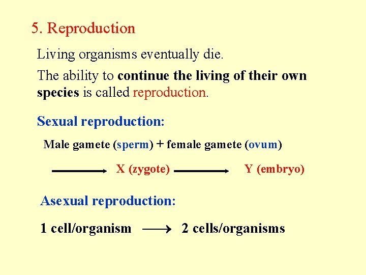 5. Reproduction Living organisms eventually die. The ability to continue the living of their