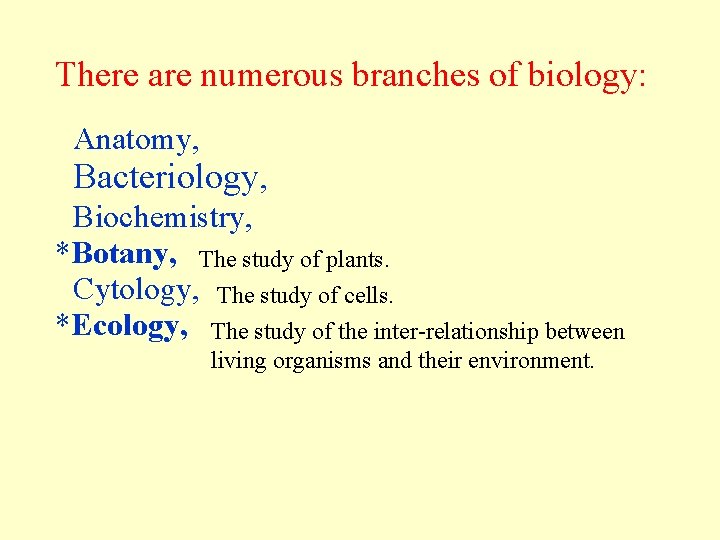 There are numerous branches of biology: Anatomy, Bacteriology, Biochemistry, *Botany, The study of plants.