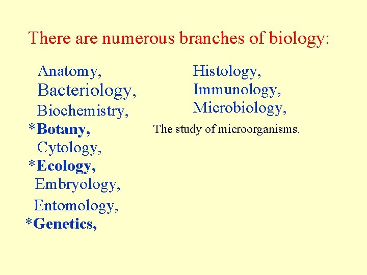 There are numerous branches of biology: Anatomy, Bacteriology, Biochemistry, *Botany, Cytology, *Ecology, Embryology, Entomology,