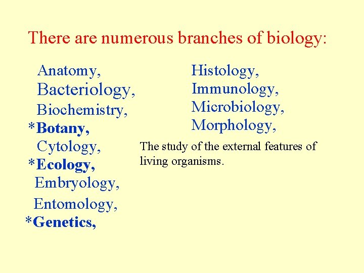 There are numerous branches of biology: Anatomy, Bacteriology, Biochemistry, *Botany, Cytology, *Ecology, Embryology, Entomology,