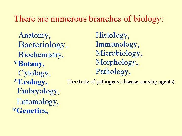 There are numerous branches of biology: Anatomy, Bacteriology, Biochemistry, *Botany, Cytology, *Ecology, Embryology, Entomology,