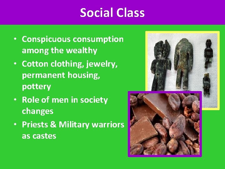 Social Class • Conspicuous consumption among the wealthy • Cotton clothing, jewelry, permanent housing,