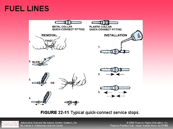 FUEL LINES FIGURE 22 -11 Typical quick-connect service stops. Automotive Fuel and Emissions Control FUEL LINES FIGURE 22 -11 Typical quick-connect service stops. Automotive Fuel and Emissions Control