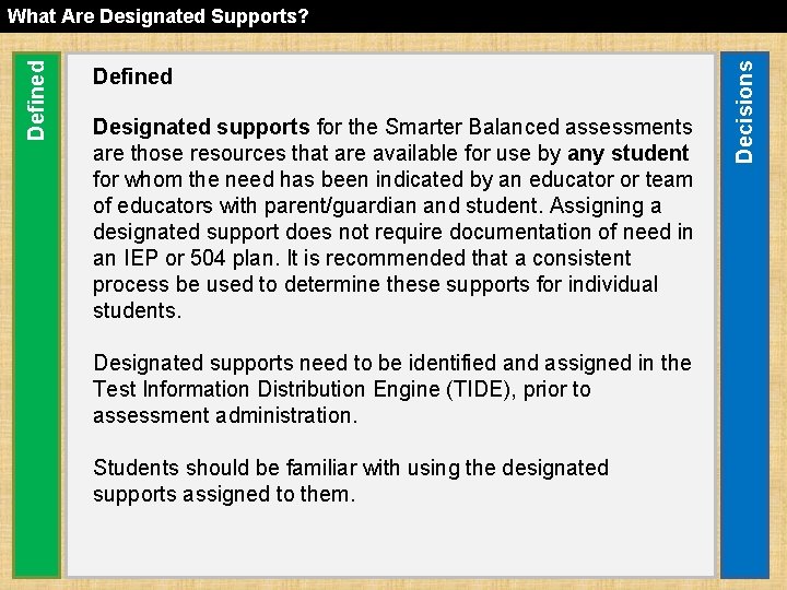 Defined Designated supports for the Smarter Balanced assessments are those resources that are available
