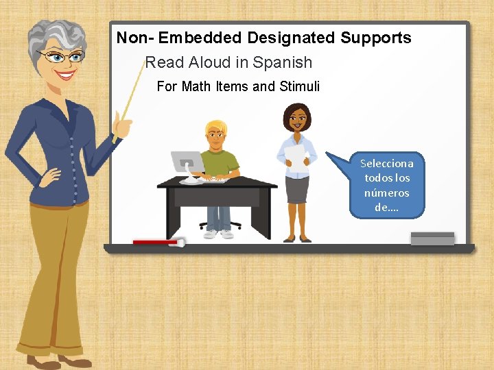 Non- Embedded Designated Supports Read Aloud in Spanish For Math Items and Stimuli Selecciona