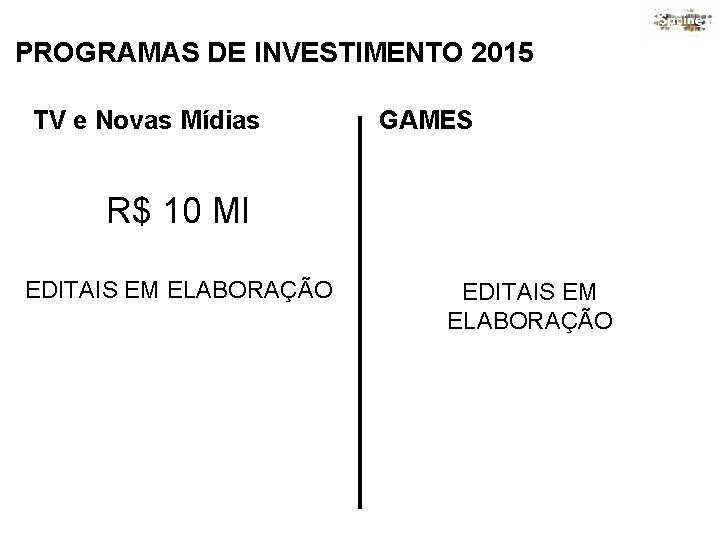 PROGRAMAS DE INVESTIMENTO 2015 TV e Novas Mídias GAMES R$ 10 MI EDITAIS EM