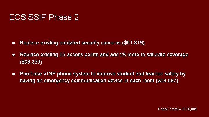 ECS SSIP Phase 2 ● Replace existing outdated security cameras ($51, 819) ● Replace