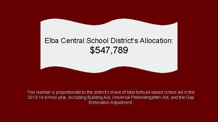 Elba Central School District’s Allocation: $547, 789 This number is proportionate to the district’s
