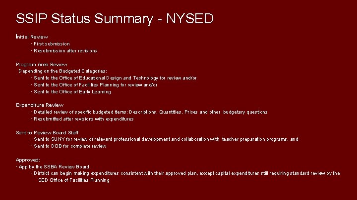 SSIP Status Summary - NYSED Initial Review · First submission · Resubmission after revisions