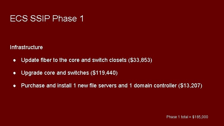 ECS SSIP Phase 1 Infrastructure ● Update fiber to the core and switch closets