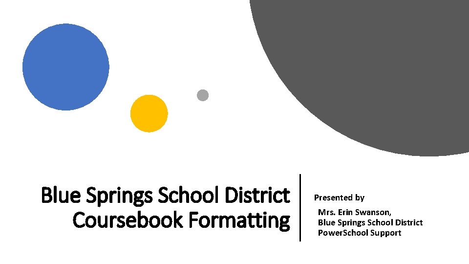 Blue Springs School District Coursebook Formatting Presented by Mrs. Erin Swanson, Blue Springs School