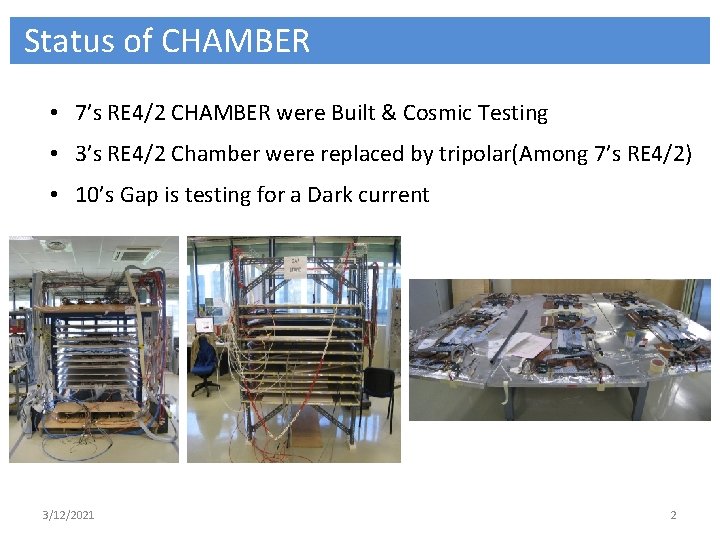 Status of CHAMBER • 7’s RE 4/2 CHAMBER were Built & Cosmic Testing •