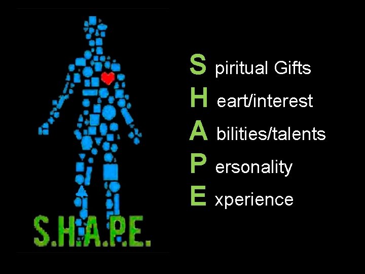 S piritual Gifts H eart/interest A bilities/talents P ersonality E xperience 