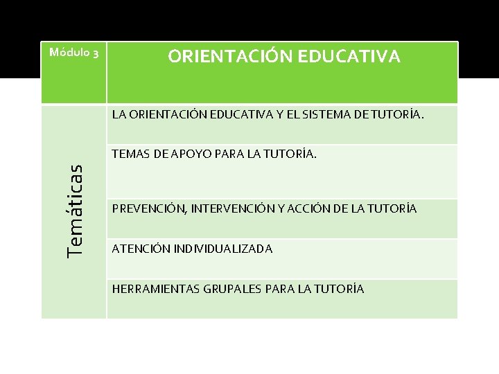 Módulo 3 ORIENTACIÓN EDUCATIVA LA ORIENTACIÓN EDUCATIVA Y EL SISTEMA DE TUTORÍA. Temáticas TEMAS