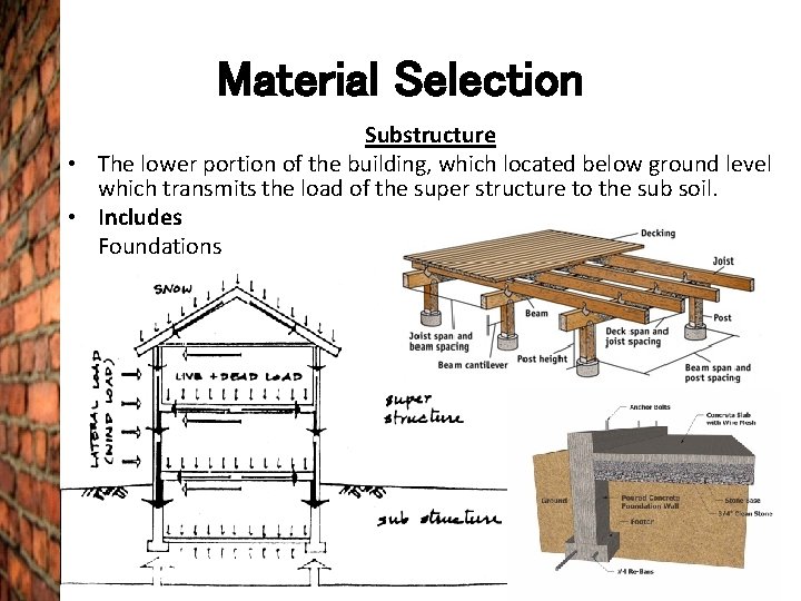 Material Selection Substructure • The lower portion of the building, which located below ground