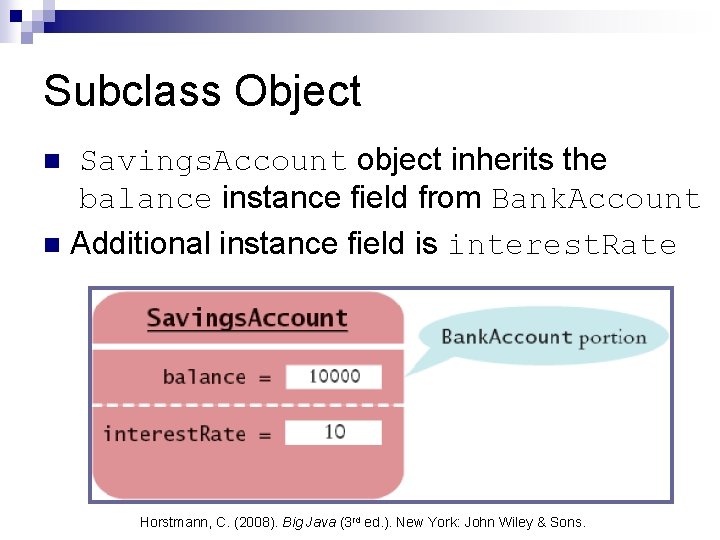 Subclass Object Savings. Account object inherits the balance instance field from Bank. Account n Subclass Object Savings. Account object inherits the balance instance field from Bank. Account n