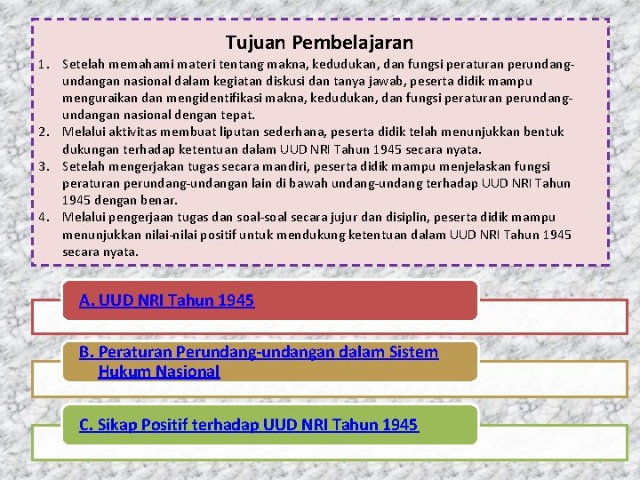 Tujuan Pembelajaran 1. Setelah memahami materi tentang makna, kedudukan, dan fungsi peraturan perundangan nasional