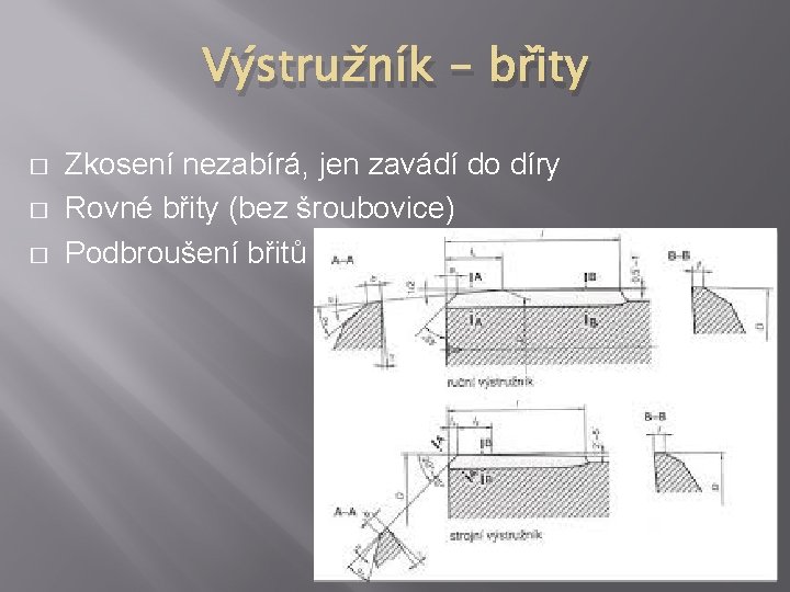 Výstružník - břity � � � Zkosení nezabírá, jen zavádí do díry Rovné břity Výstružník - břity � � � Zkosení nezabírá, jen zavádí do díry Rovné břity