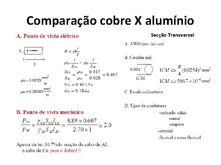 Comparação cobre X alumínio Secção Transversal 