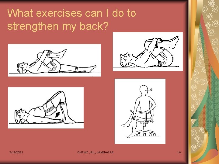 What exercises can I do to strengthen my back? 3/12/2021 OHFWC, RIL, JAMNAGAR 14