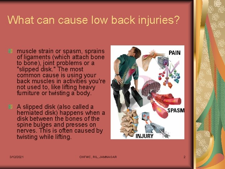 What can cause low back injuries? muscle strain or spasm, sprains of ligaments (which