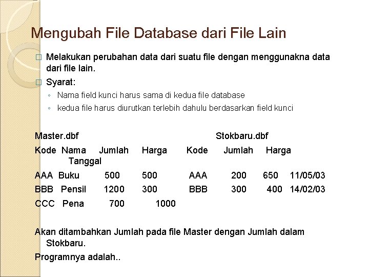 Mengubah File Database dari File Lain � Melakukan perubahan data dari suatu file dengan Mengubah File Database dari File Lain � Melakukan perubahan data dari suatu file dengan