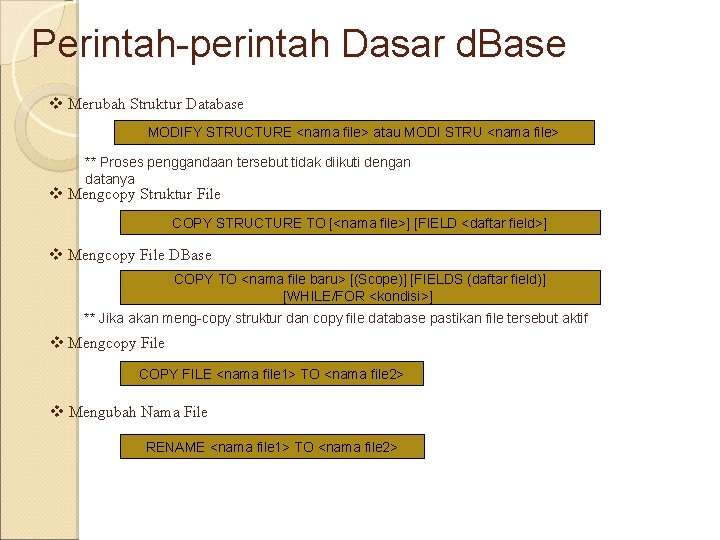Perintah-perintah Dasar d. Base v Merubah Struktur Database MODIFY STRUCTURE <nama file> atau MODI Perintah-perintah Dasar d. Base v Merubah Struktur Database MODIFY STRUCTURE <nama file> atau MODI