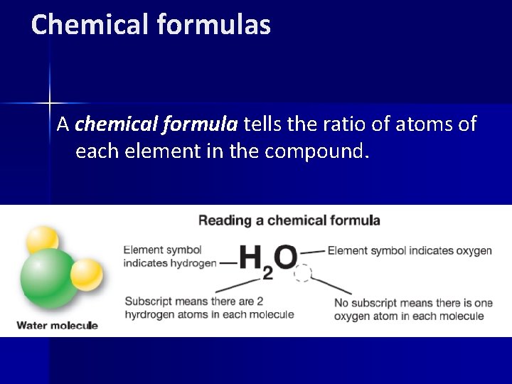 Chemical formulas A chemical formula tells the ratio of atoms of each element in