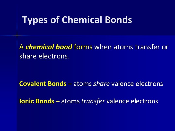Types of Chemical Bonds A chemical bond forms when atoms transfer or share electrons.