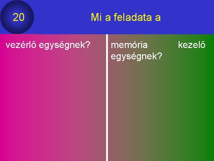 20 vezérlő egységnek? Mi a feladata a memória egységnek? kezelő 