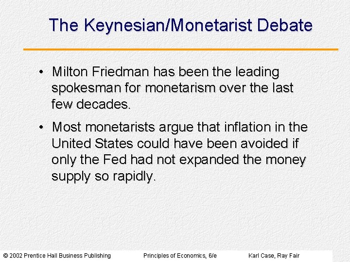 The Keynesian/Monetarist Debate • Milton Friedman has been the leading spokesman for monetarism over