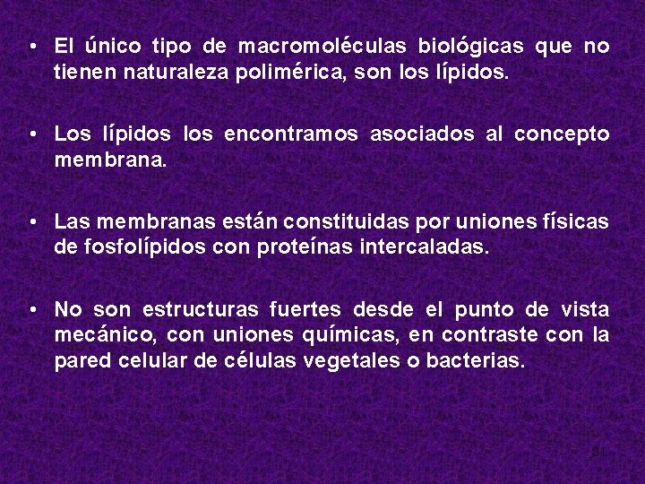  • El único tipo de macromoléculas biológicas que no tienen naturaleza polimérica, son