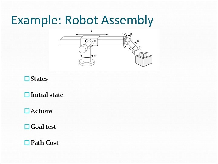 Example: Robot Assembly �States �Initial state �Actions �Goal test �Path Cost Example: Robot Assembly �States �Initial state �Actions �Goal test �Path Cost