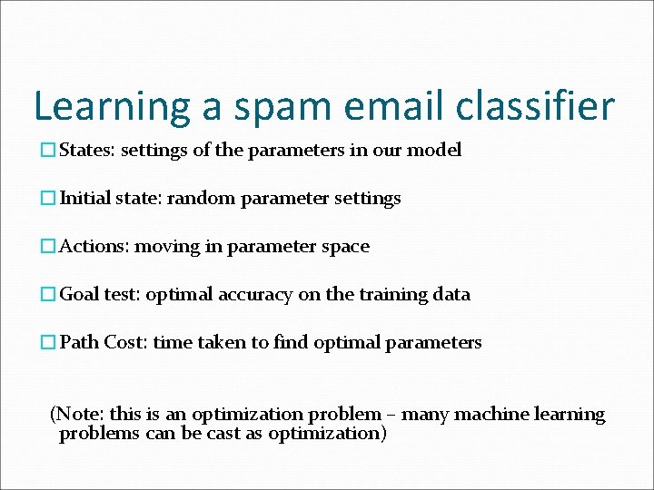 Learning a spam email classifier �States: settings of the parameters in our model �Initial Learning a spam email classifier �States: settings of the parameters in our model �Initial